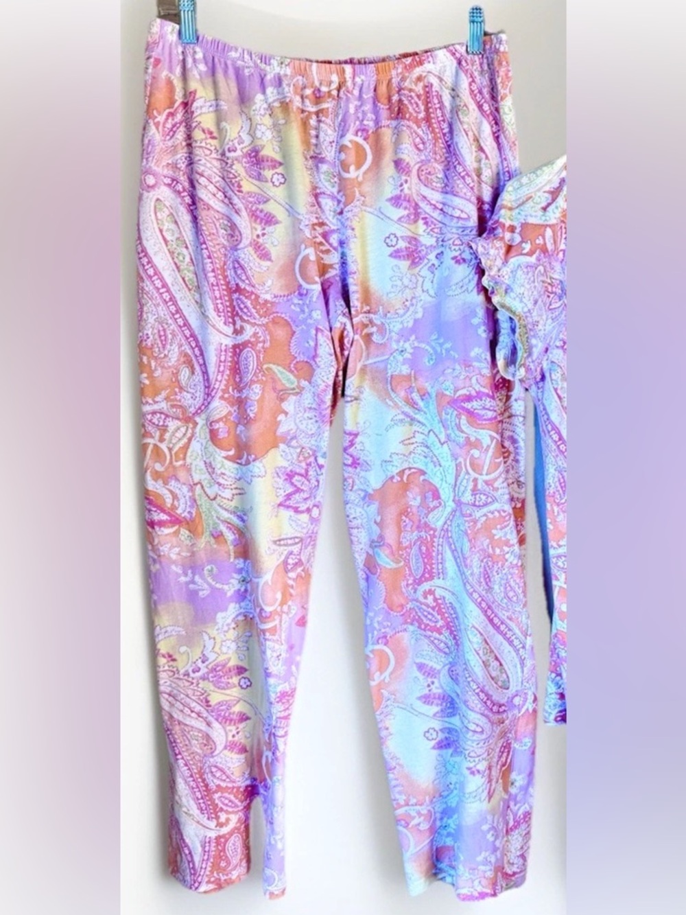 💜LAUREN RALPF LAUREN💜 PASTEL PAISLEY COTTON CAP SLEEVE LONG PANT PAJAMA SET EUC - Picture 7 of 12